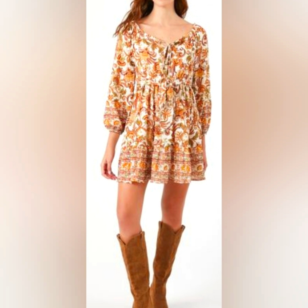 2 New F21 Peasant Bohemian Floral Long Sleeve Cottage Core Style Mini Dress Sz L